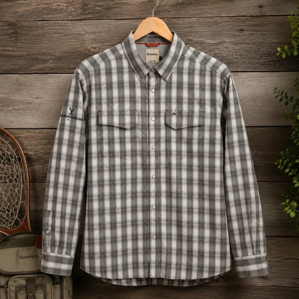 Simms Big Sky Shirt Mens L Gray Plaid Pearl Snap Vented Fly Fishing Yellowstone